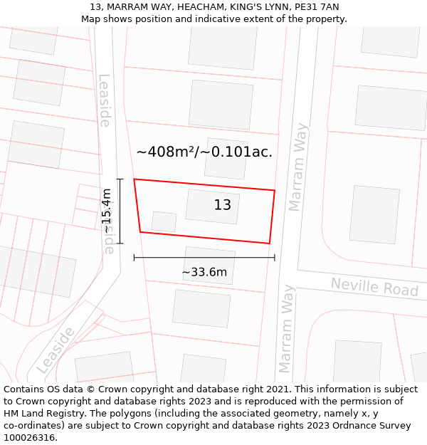 13, MARRAM WAY, HEACHAM, KING'S LYNN, PE31 7AN: Plot and title map