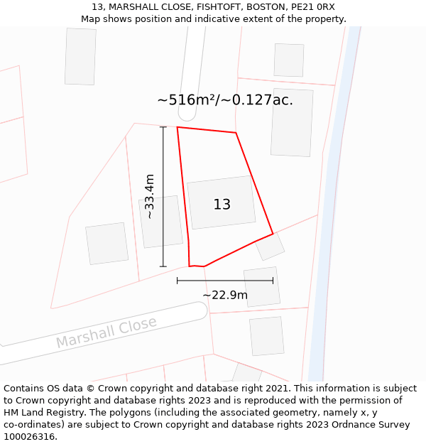 13, MARSHALL CLOSE, FISHTOFT, BOSTON, PE21 0RX: Plot and title map