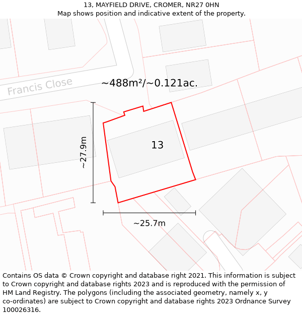 13, MAYFIELD DRIVE, CROMER, NR27 0HN: Plot and title map