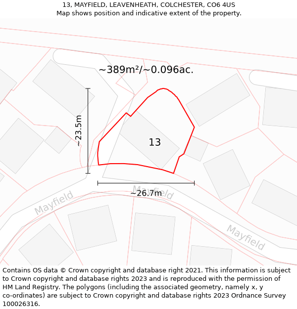 13, MAYFIELD, LEAVENHEATH, COLCHESTER, CO6 4US: Plot and title map