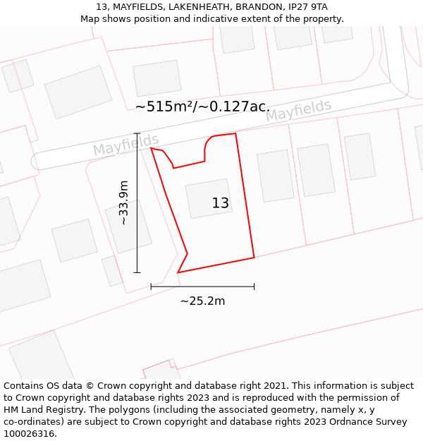 13, MAYFIELDS, LAKENHEATH, BRANDON, IP27 9TA: Plot and title map