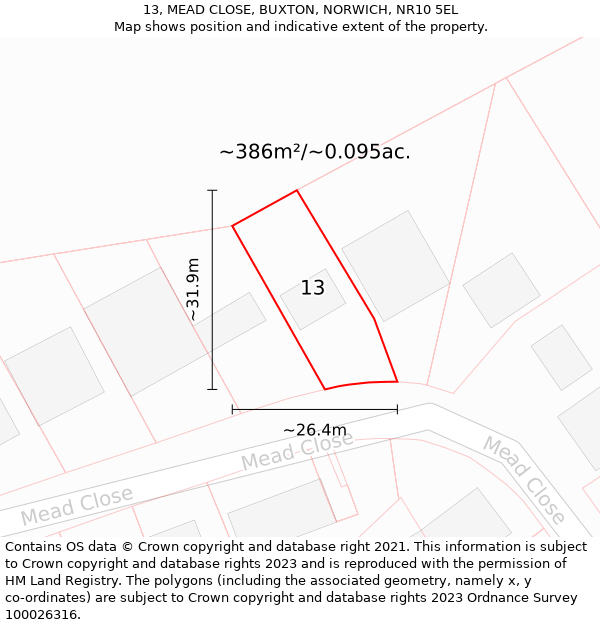 13, MEAD CLOSE, BUXTON, NORWICH, NR10 5EL: Plot and title map