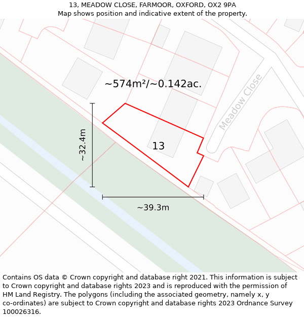 13, MEADOW CLOSE, FARMOOR, OXFORD, OX2 9PA: Plot and title map