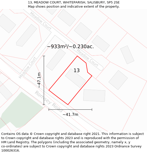 13, MEADOW COURT, WHITEPARISH, SALISBURY, SP5 2SE: Plot and title map