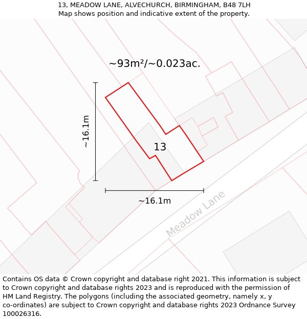 13, MEADOW LANE, ALVECHURCH, BIRMINGHAM, B48 7LH: Plot and title map