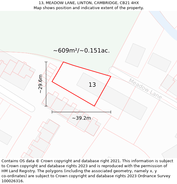 13, MEADOW LANE, LINTON, CAMBRIDGE, CB21 4HX: Plot and title map