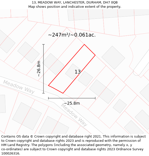 13, MEADOW WAY, LANCHESTER, DURHAM, DH7 0QB: Plot and title map