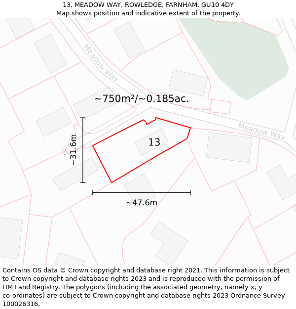 13, MEADOW WAY, ROWLEDGE, FARNHAM, GU10 4DY: Plot and title map