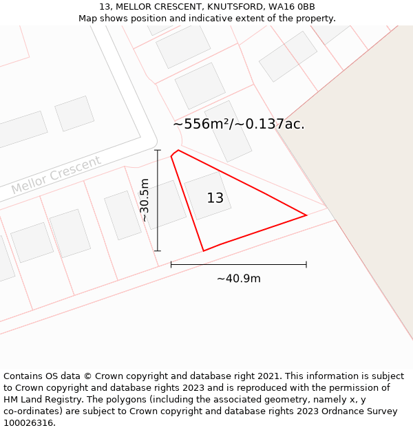 13, MELLOR CRESCENT, KNUTSFORD, WA16 0BB: Plot and title map