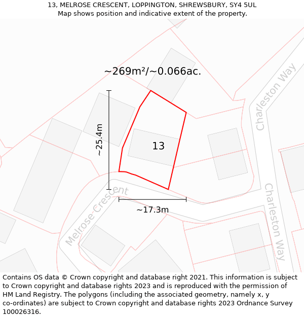 13, MELROSE CRESCENT, LOPPINGTON, SHREWSBURY, SY4 5UL: Plot and title map