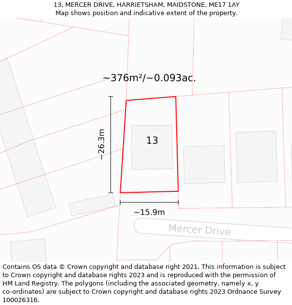 13, MERCER DRIVE, HARRIETSHAM, MAIDSTONE, ME17 1AY: Plot and title map