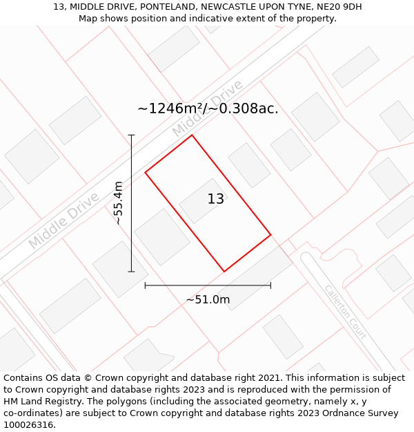 13, MIDDLE DRIVE, PONTELAND, NEWCASTLE UPON TYNE, NE20 9DH: Plot and title map