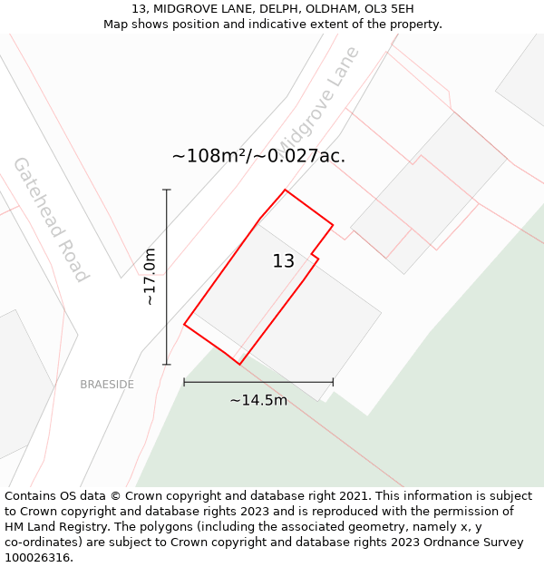 13, MIDGROVE LANE, DELPH, OLDHAM, OL3 5EH: Plot and title map