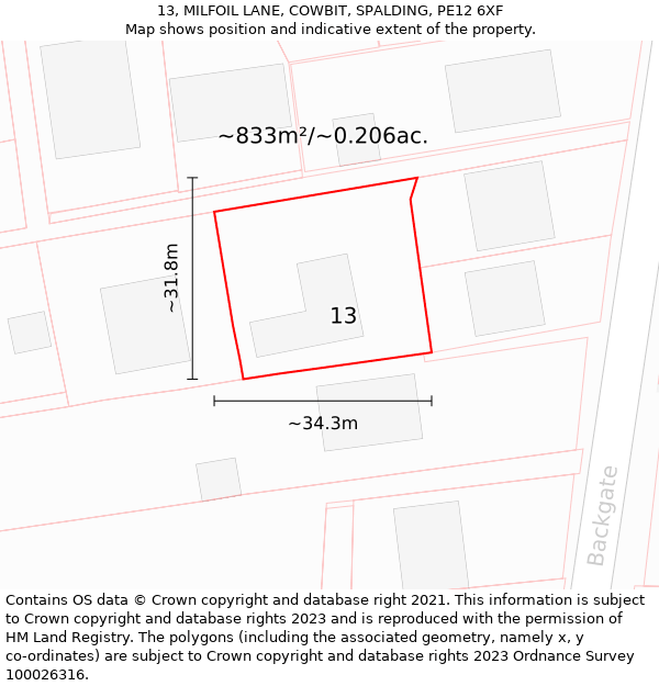 13, MILFOIL LANE, COWBIT, SPALDING, PE12 6XF: Plot and title map