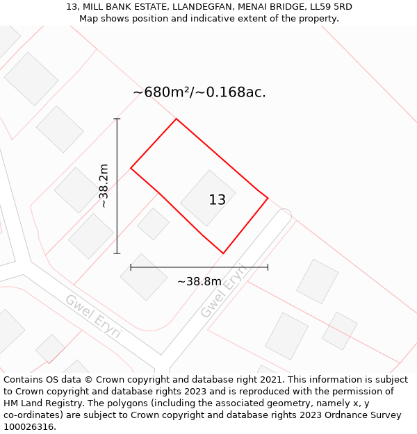 13, MILL BANK ESTATE, LLANDEGFAN, MENAI BRIDGE, LL59 5RD: Plot and title map