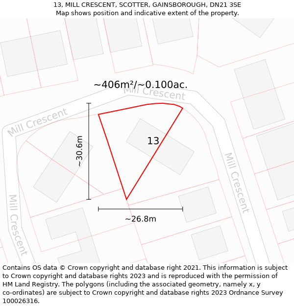 13, MILL CRESCENT, SCOTTER, GAINSBOROUGH, DN21 3SE: Plot and title map