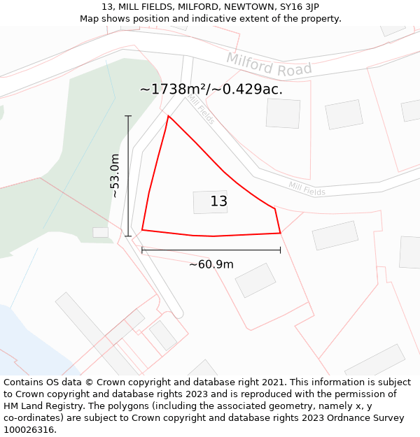 13, MILL FIELDS, MILFORD, NEWTOWN, SY16 3JP: Plot and title map