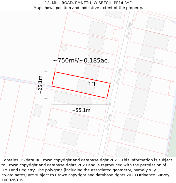 13, MILL ROAD, EMNETH, WISBECH, PE14 8AE: Plot and title map