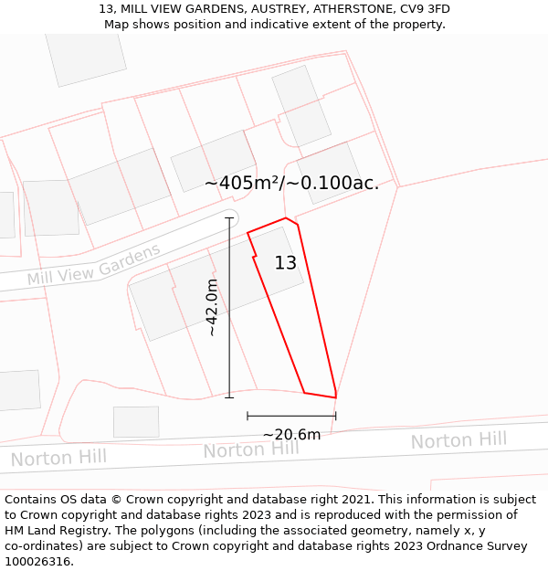 13, MILL VIEW GARDENS, AUSTREY, ATHERSTONE, CV9 3FD: Plot and title map