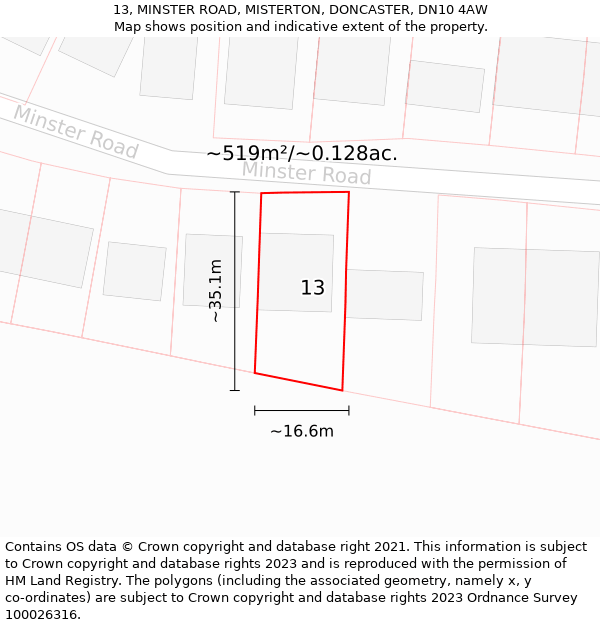 13, MINSTER ROAD, MISTERTON, DONCASTER, DN10 4AW: Plot and title map