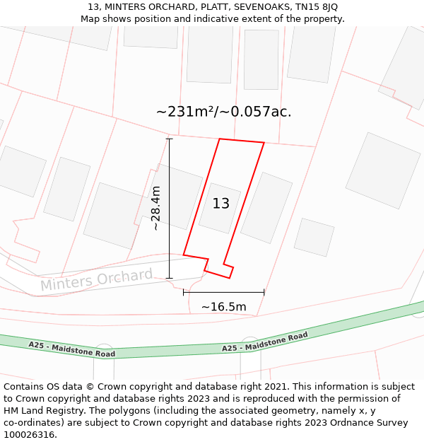 13, MINTERS ORCHARD, PLATT, SEVENOAKS, TN15 8JQ: Plot and title map