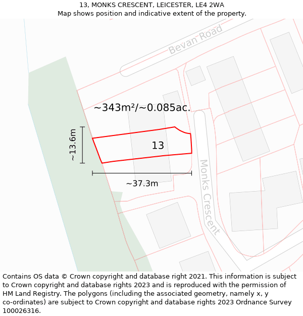 13, MONKS CRESCENT, LEICESTER, LE4 2WA: Plot and title map