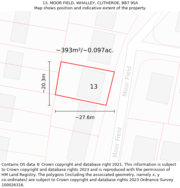 13, MOOR FIELD, WHALLEY, CLITHEROE, BB7 9SA: Plot and title map