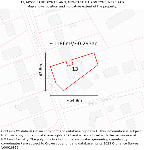 13, MOOR LANE, PONTELAND, NEWCASTLE UPON TYNE, NE20 9AD: Plot and title map