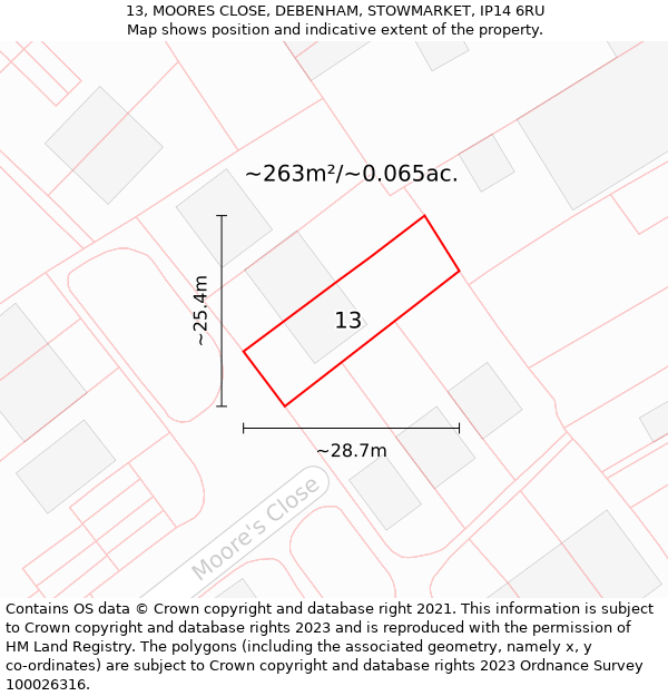 13, MOORES CLOSE, DEBENHAM, STOWMARKET, IP14 6RU: Plot and title map