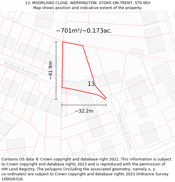 13, MOORLAND CLOSE, WERRINGTON, STOKE-ON-TRENT, ST9 0EH: Plot and title map