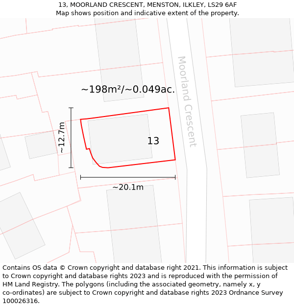 13, MOORLAND CRESCENT, MENSTON, ILKLEY, LS29 6AF: Plot and title map