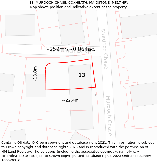 13, MURDOCH CHASE, COXHEATH, MAIDSTONE, ME17 4FA: Plot and title map