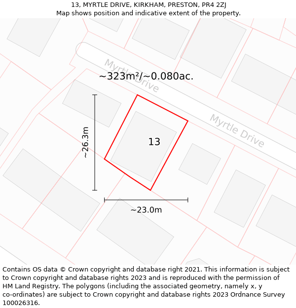 13, MYRTLE DRIVE, KIRKHAM, PRESTON, PR4 2ZJ: Plot and title map