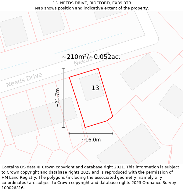 13, NEEDS DRIVE, BIDEFORD, EX39 3TB: Plot and title map