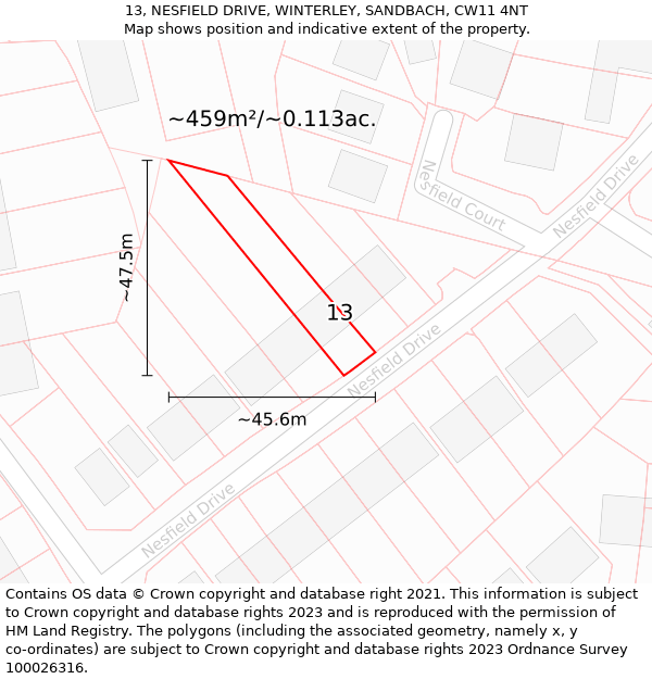 13, NESFIELD DRIVE, WINTERLEY, SANDBACH, CW11 4NT: Plot and title map