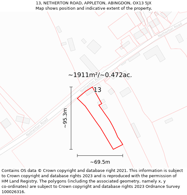 13, NETHERTON ROAD, APPLETON, ABINGDON, OX13 5JX: Plot and title map