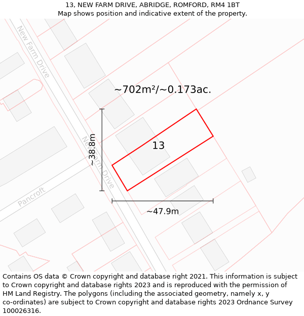 13, NEW FARM DRIVE, ABRIDGE, ROMFORD, RM4 1BT: Plot and title map