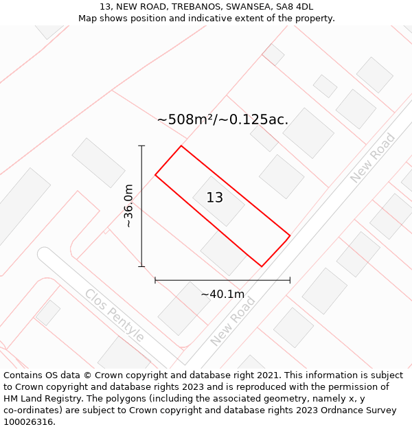 13, NEW ROAD, TREBANOS, SWANSEA, SA8 4DL: Plot and title map