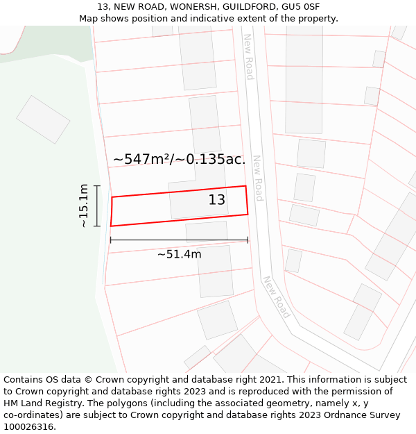 13, NEW ROAD, WONERSH, GUILDFORD, GU5 0SF: Plot and title map