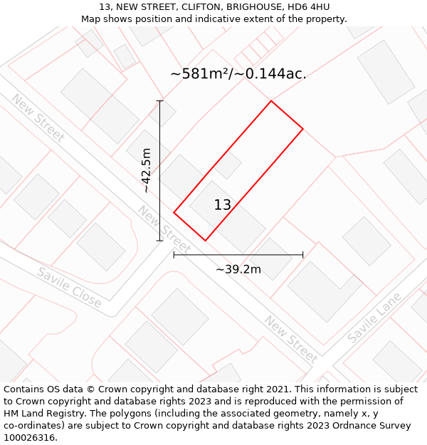 13, NEW STREET, CLIFTON, BRIGHOUSE, HD6 4HU: Plot and title map