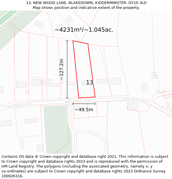 13, NEW WOOD LANE, BLAKEDOWN, KIDDERMINSTER, DY10 3LD: Plot and title map