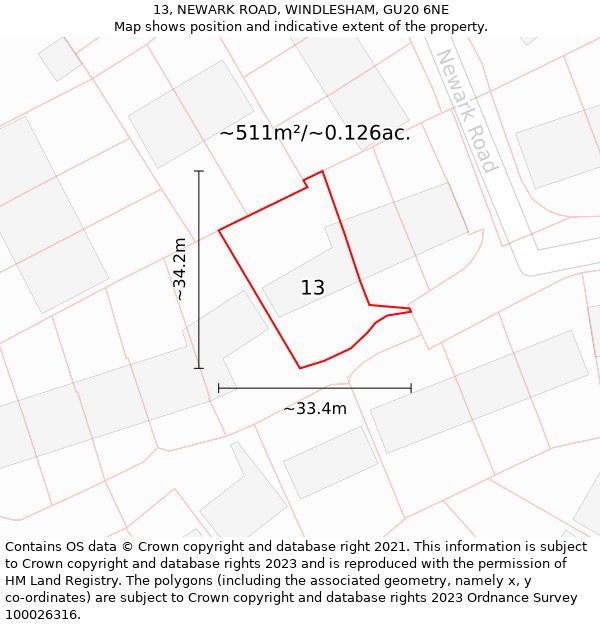 13, NEWARK ROAD, WINDLESHAM, GU20 6NE: Plot and title map