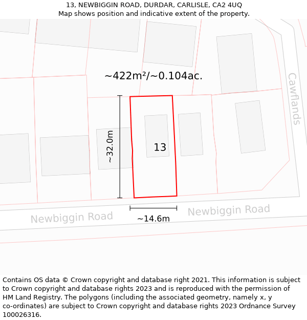 13, NEWBIGGIN ROAD, DURDAR, CARLISLE, CA2 4UQ: Plot and title map