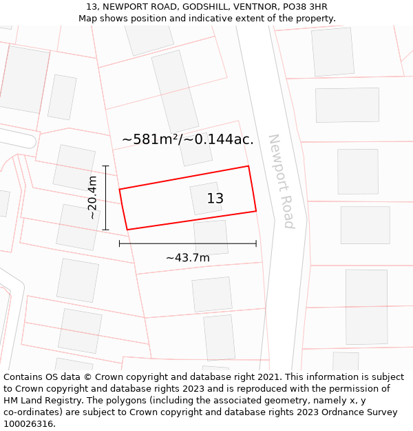 13, NEWPORT ROAD, GODSHILL, VENTNOR, PO38 3HR: Plot and title map