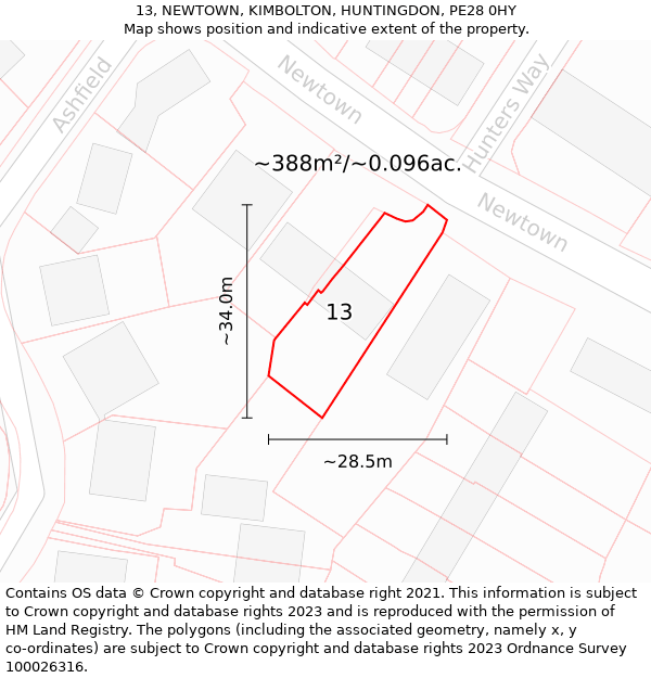 13, NEWTOWN, KIMBOLTON, HUNTINGDON, PE28 0HY: Plot and title map