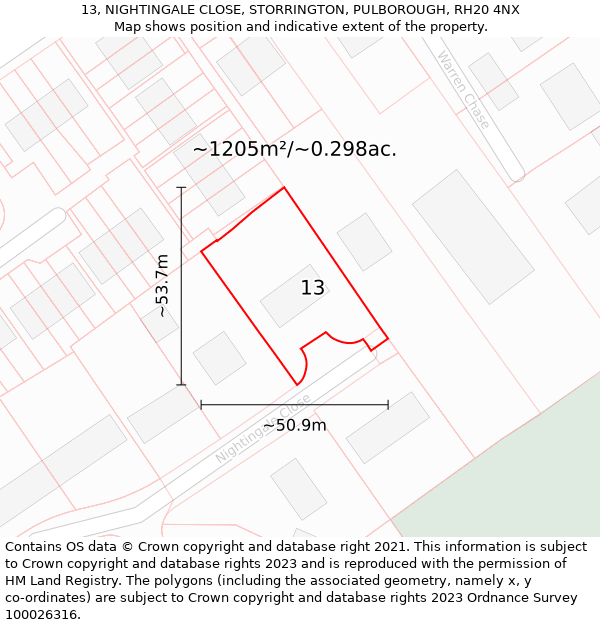 13, NIGHTINGALE CLOSE, STORRINGTON, PULBOROUGH, RH20 4NX: Plot and title map