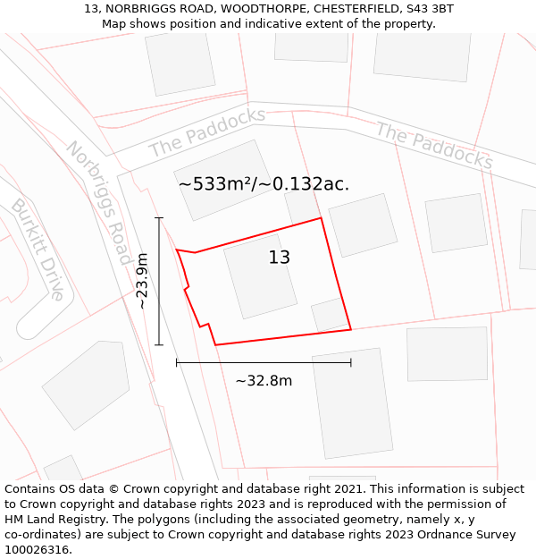 13, NORBRIGGS ROAD, WOODTHORPE, CHESTERFIELD, S43 3BT: Plot and title map