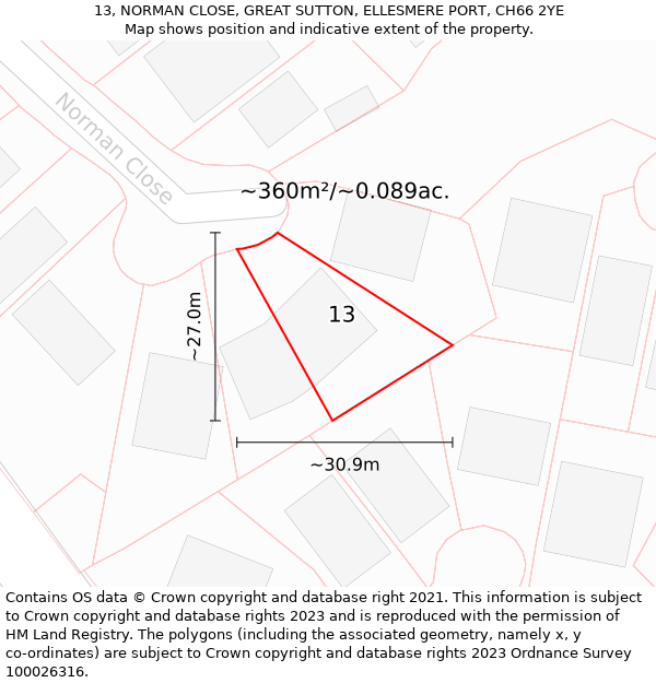 13, NORMAN CLOSE, GREAT SUTTON, ELLESMERE PORT, CH66 2YE: Plot and title map