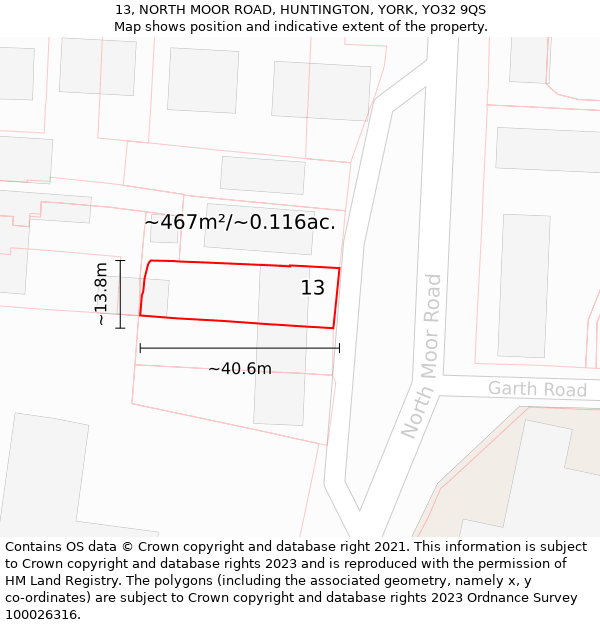 13, NORTH MOOR ROAD, HUNTINGTON, YORK, YO32 9QS: Plot and title map