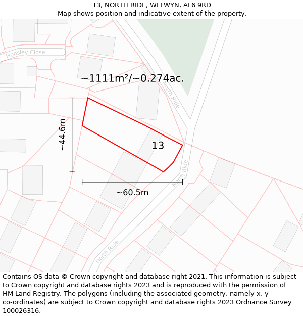 13, NORTH RIDE, WELWYN, AL6 9RD: Plot and title map